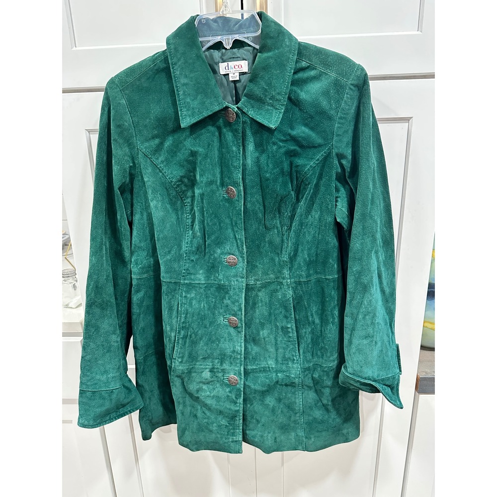Denim & Co Green Suede Leather Jacket Womens Medium Button Front Coat Emerald